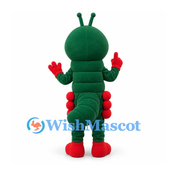 Caterpillar Mascot Costume in Green with Red Feet and Antennae