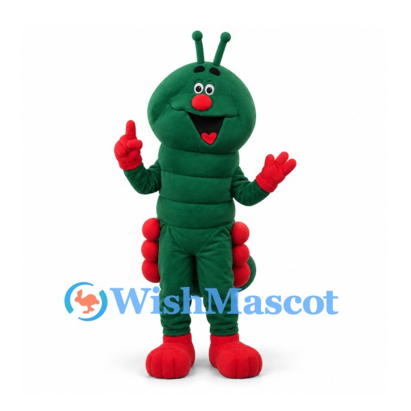 Caterpillar Mascot Costume in Green with Red Feet and Antennae