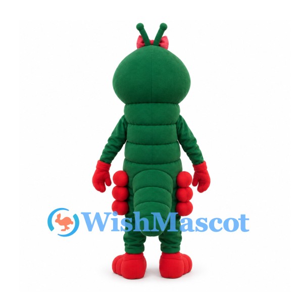 Caterpillar Mascot Costume in Green with Pink Bow and Red Feet