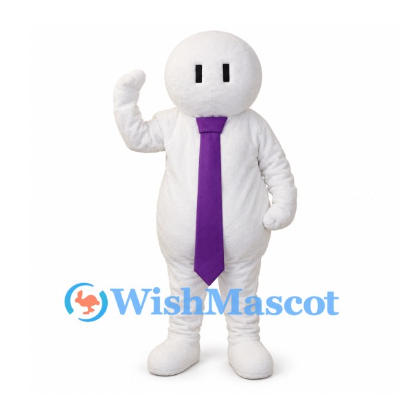 White Character Mascot Costume with Purple Neck Tie and Round Head