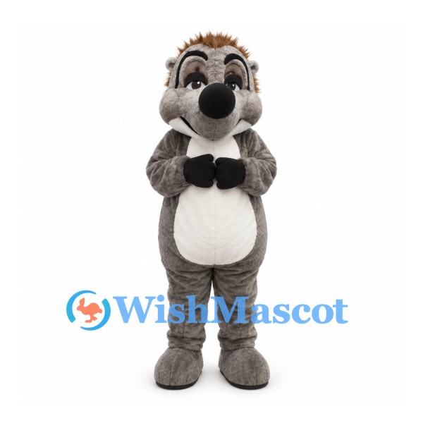 Hedgehog Mascot Costume in Gray with White Belly and Black Bow