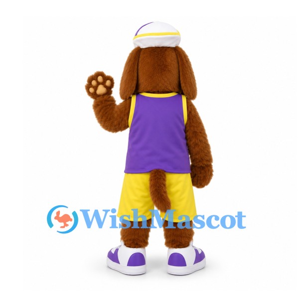 Dog Mascot Costume with Purple Shirt and Yellow Shorts