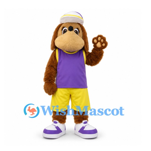 Dog Mascot Costume with Purple Shirt and Yellow Shorts