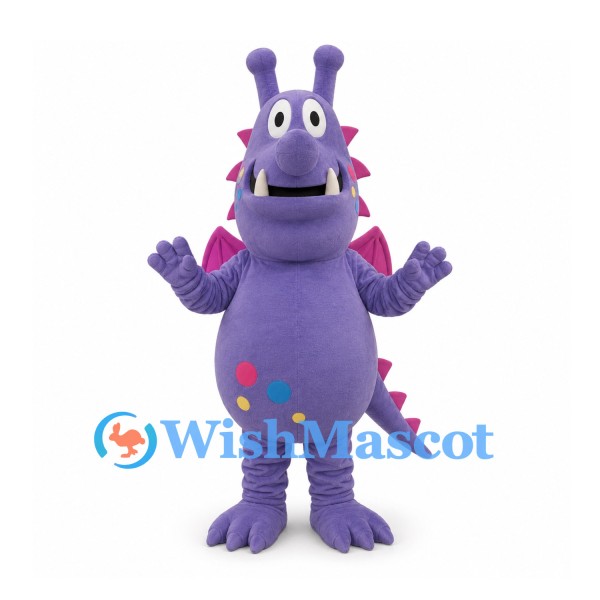 Dragon Mascot Costume in Purple with Pink Spines and Belly Spots