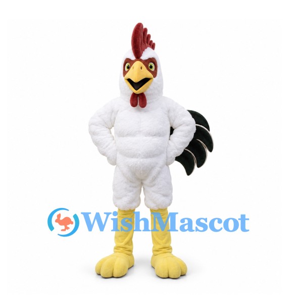 Rooster Mascot Costume in White with Black Tail Feathers