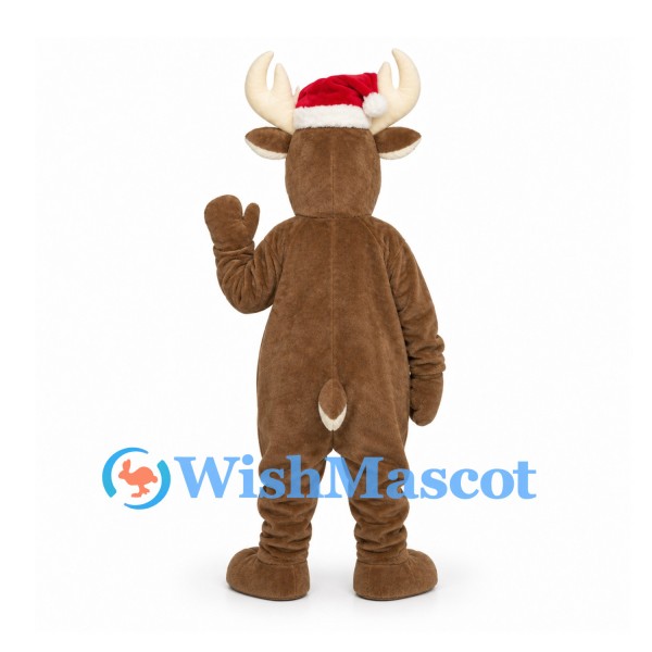 Reindeer Mascot Costume in Brown with Santa Hat
