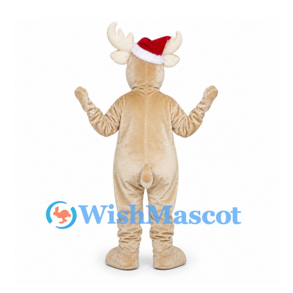 Reindeer Mascot Costume in Cream with Santa Hat