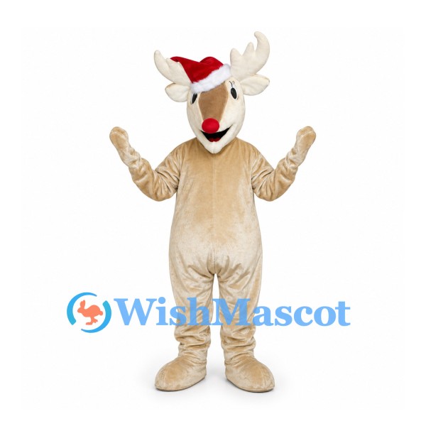 Reindeer Mascot Costume in Cream with Santa Hat