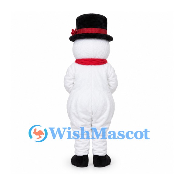 Snowman Mascot Costume with Black Top Hat and Red Scarf