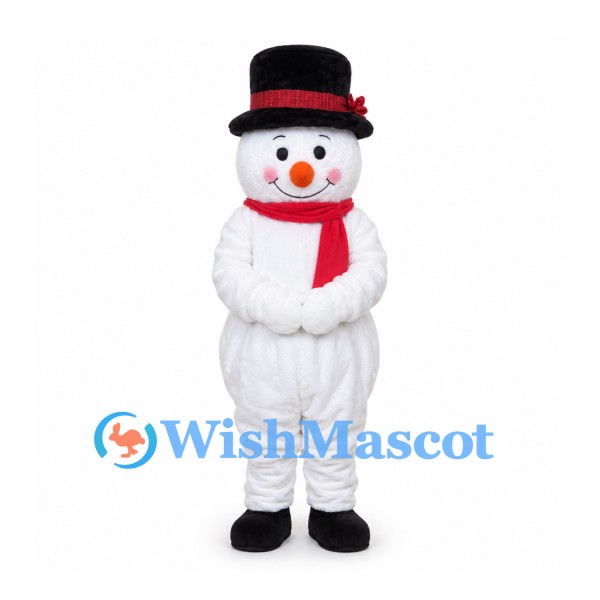 Snowman Mascot Costume with Black Top Hat and Red Scarf