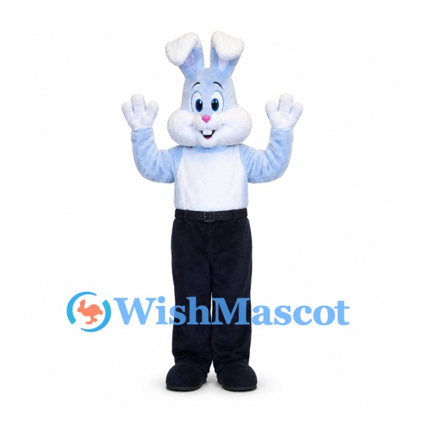 Rabbit Mascot Costume in Pale Blue with White Shirt and Black Pants