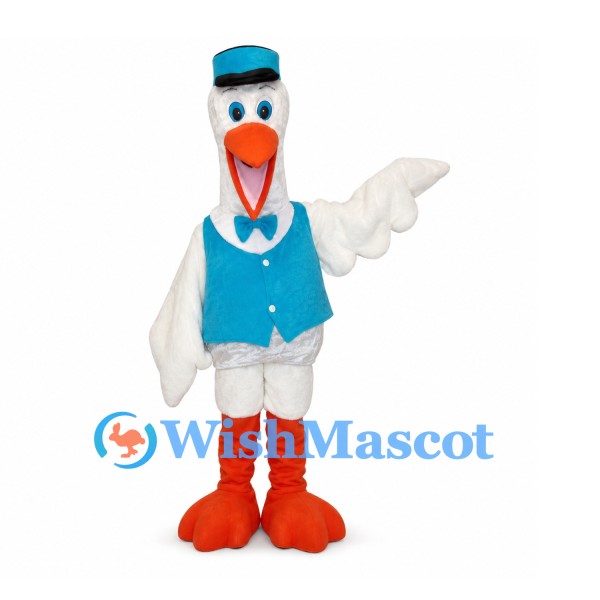 Goose Mascot Costume with Blue Vest and Top Hat