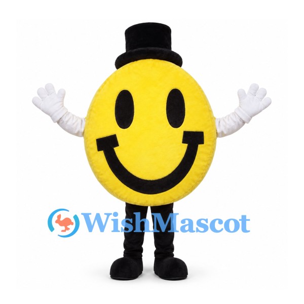 Smiley Face Mascot Costume in Yellow with Black Top Hat