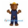 Bear Builder Mascot Costume with Yellow Hard Hat and Navy Overalls