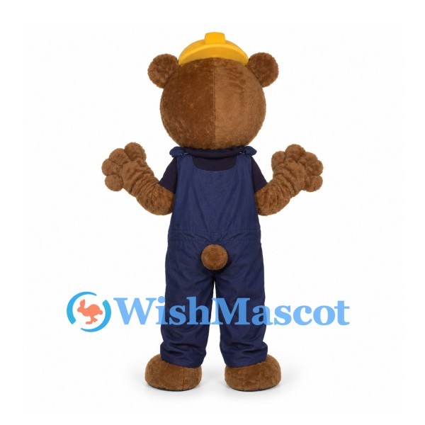 Bear Builder Mascot Costume with Yellow Hard Hat and Navy Overalls