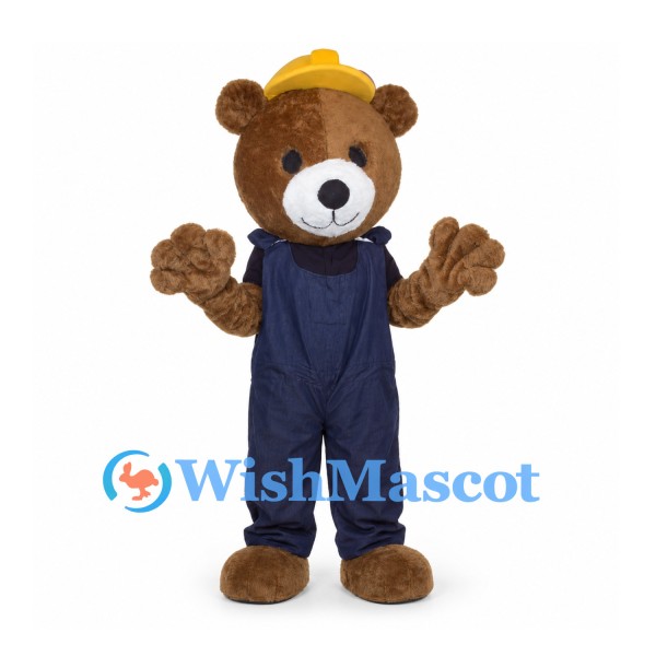 Bear Builder Mascot Costume with Yellow Hard Hat and Navy Overalls