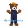 Bear Builder Mascot Costume with Yellow Hard Hat and Navy Overalls