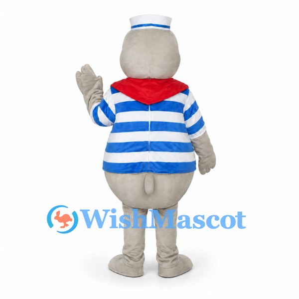 Sailor Bear Mascot Costume with Blue Striped Shirt and Red Scarf
