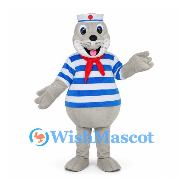 Sailor Bear Mascot Costume with Blue Striped Shirt and Red Scarf