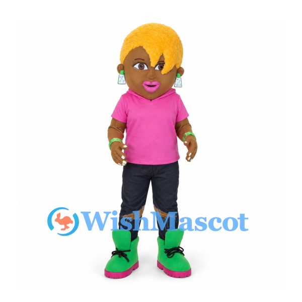 Woman Mascot Costume with Pink Hoodie and Green Boots