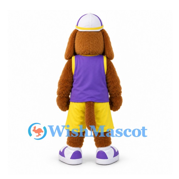 Dog Mascot Costume with Purple Shirt and Yellow Shorts