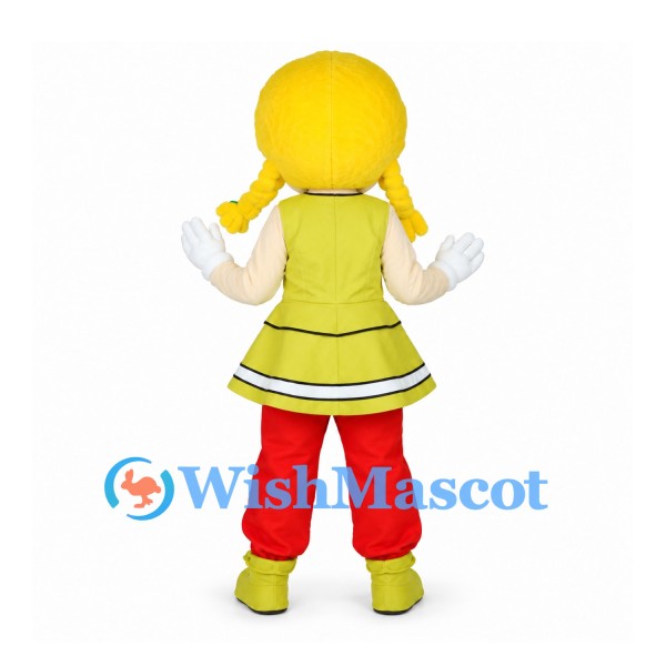 Girl Mascot Costume with Blonde Braids and Lime Green Dress