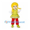 Girl Mascot Costume with Blonde Braids and Lime Green Dress