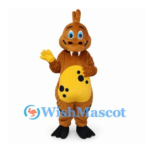 Dinosaur Mascot Costume in Orange with Yellow Belly and Black Spots