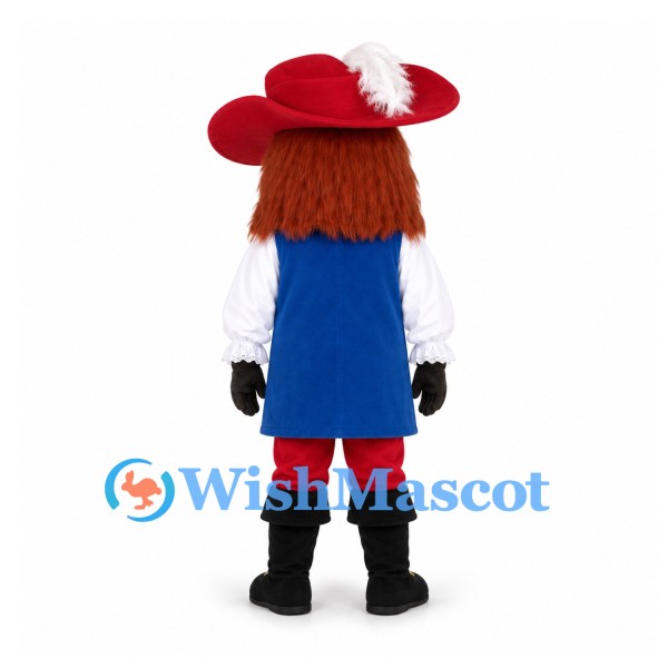 Musketeer Mascot Costume with Red Feathered Hat and Blue Tabard