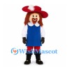 Musketeer Mascot Costume with Red Feathered Hat and Blue Tabard