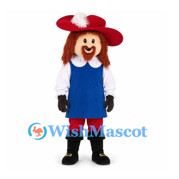 Musketeer Mascot Costume with Red Feathered Hat and Blue Tabard