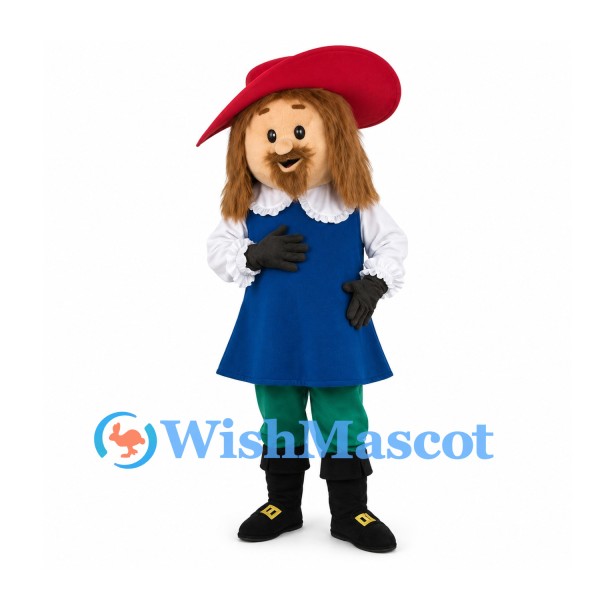Musketeer Mascot Costume with Red Hat and Green Pants