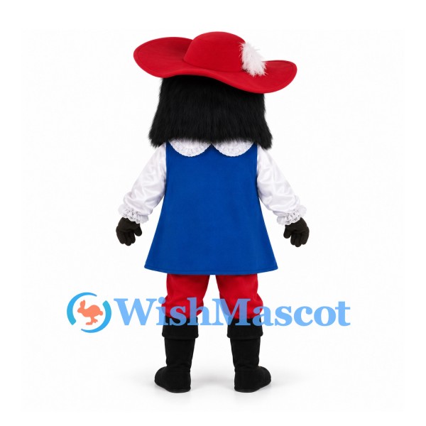 Musketeer Mascot Costume with Black Beard and Blue Tabard