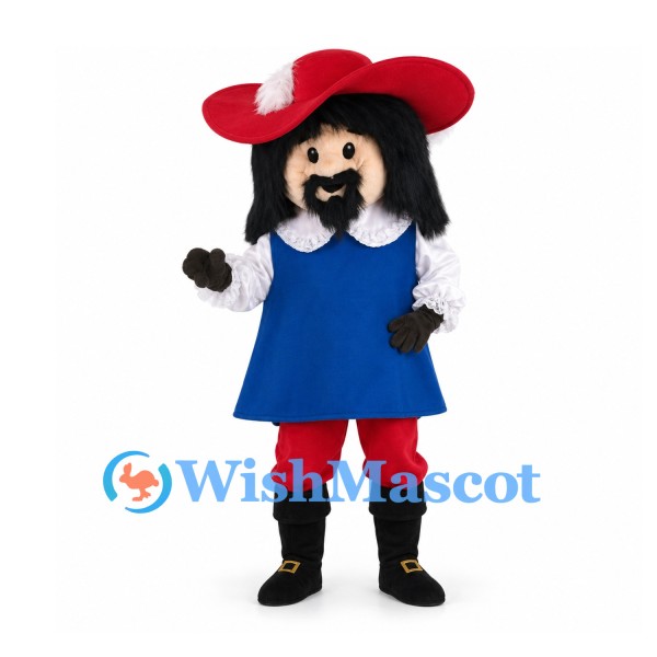 Musketeer Mascot Costume with Black Beard and Blue Tabard
