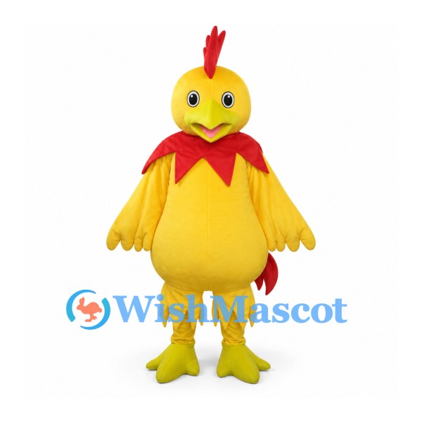 Chicken Mascot Costume in Yellow with Red Comb and Neck Trim