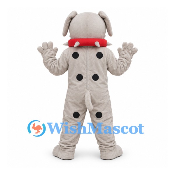 Bulldog Mascot Costume in Gray with Spotted Belly and Red Collar