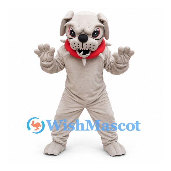 Bulldog Mascot Costume in Gray with Spotted Belly and Red Collar