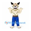Leopard Mascot Costume with Blue Pants and Spotted Cream Body