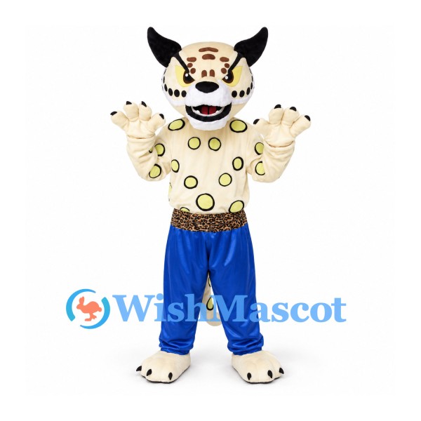 Leopard Mascot Costume with Blue Pants and Spotted Cream Body