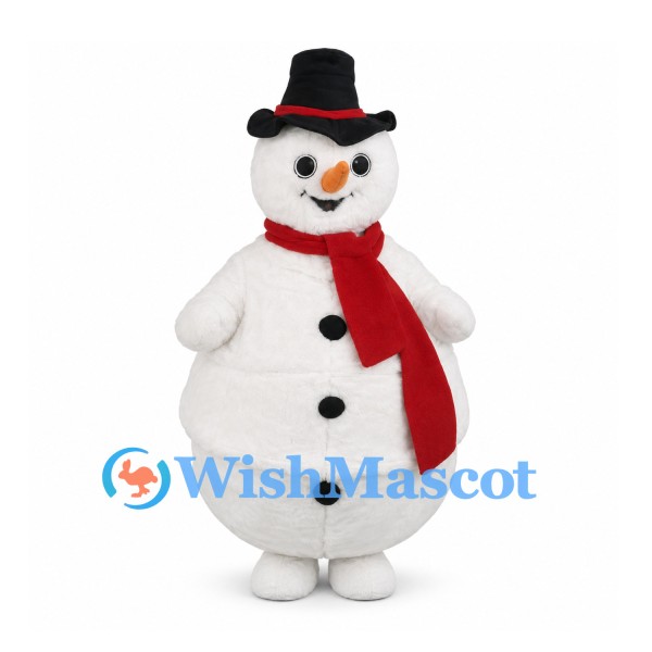 Snowman Mascot Costume with Black Top Hat and Red Scarf