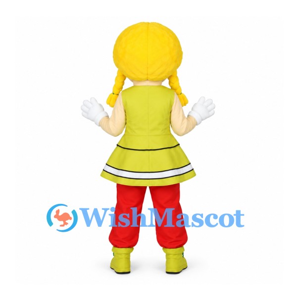 Girl Mascot Costume with Yellow Braids and Lime Green Dress