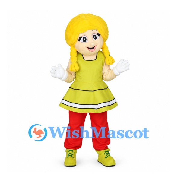 Girl Mascot Costume with Yellow Braids and Lime Green Dress