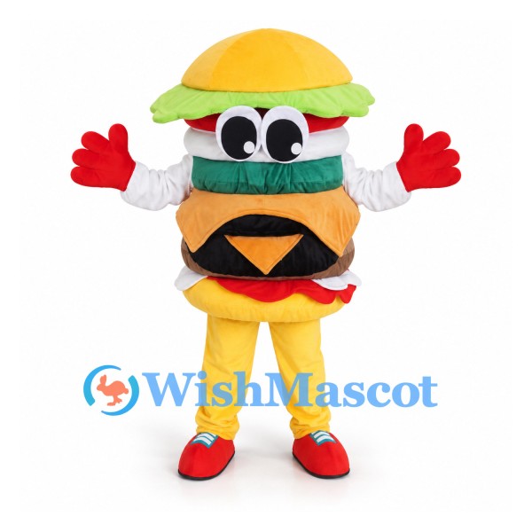 Hamburger Mascot Costume with Layered Bun and Red Gloves