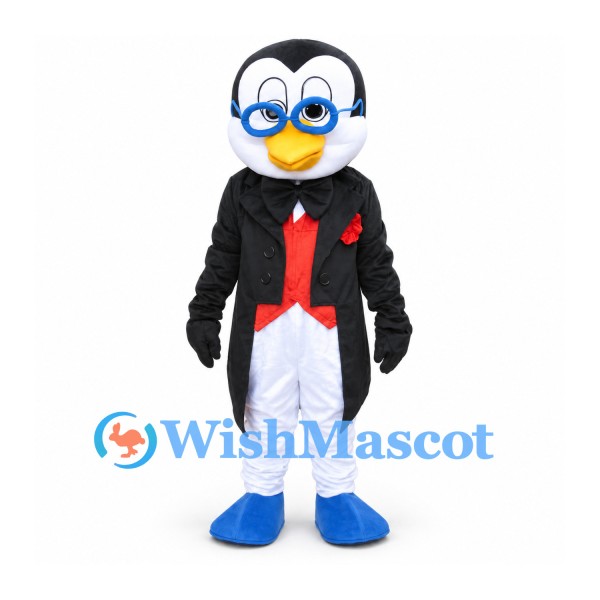 Penguin Mascot Costume with Glasses and Black Tailcoat