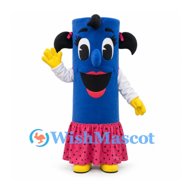 Blue Character Mascot Costume with Pigtails and Pink Skirt