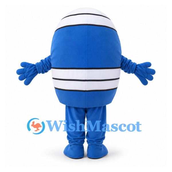 Blue Character Mascot Costume with White Stripes and Round Body