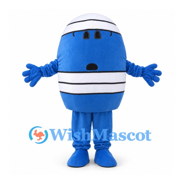 Blue Character Mascot Costume with White Stripes and Round Body
