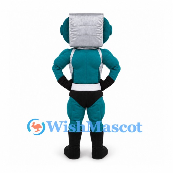 Robot Mascot Costume with Silver Cube Head and Teal Body