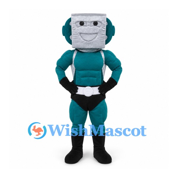Robot Mascot Costume with Silver Cube Head and Teal Body
