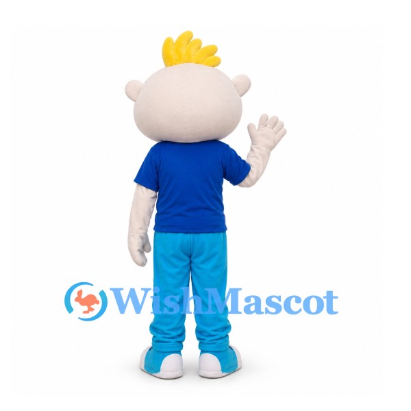 Boy Mascot Costume with Yellow Hair and Blue Shirt